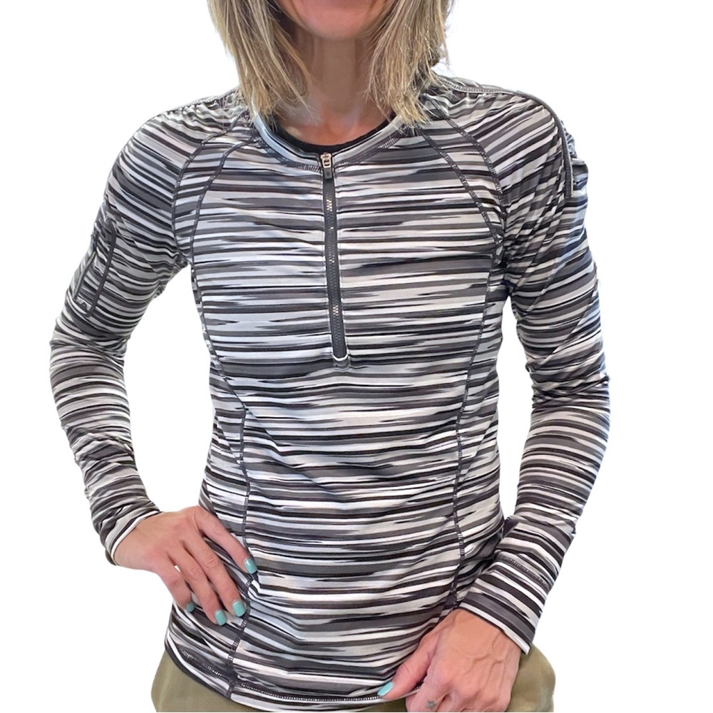 Athleta Long Sleeve Pacifica Rash Guard UPF 50 Zip Up Pullover Black White MED
